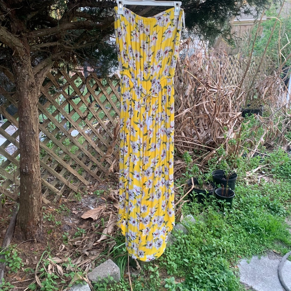 Blue island yellow floral strapless jumpsuit